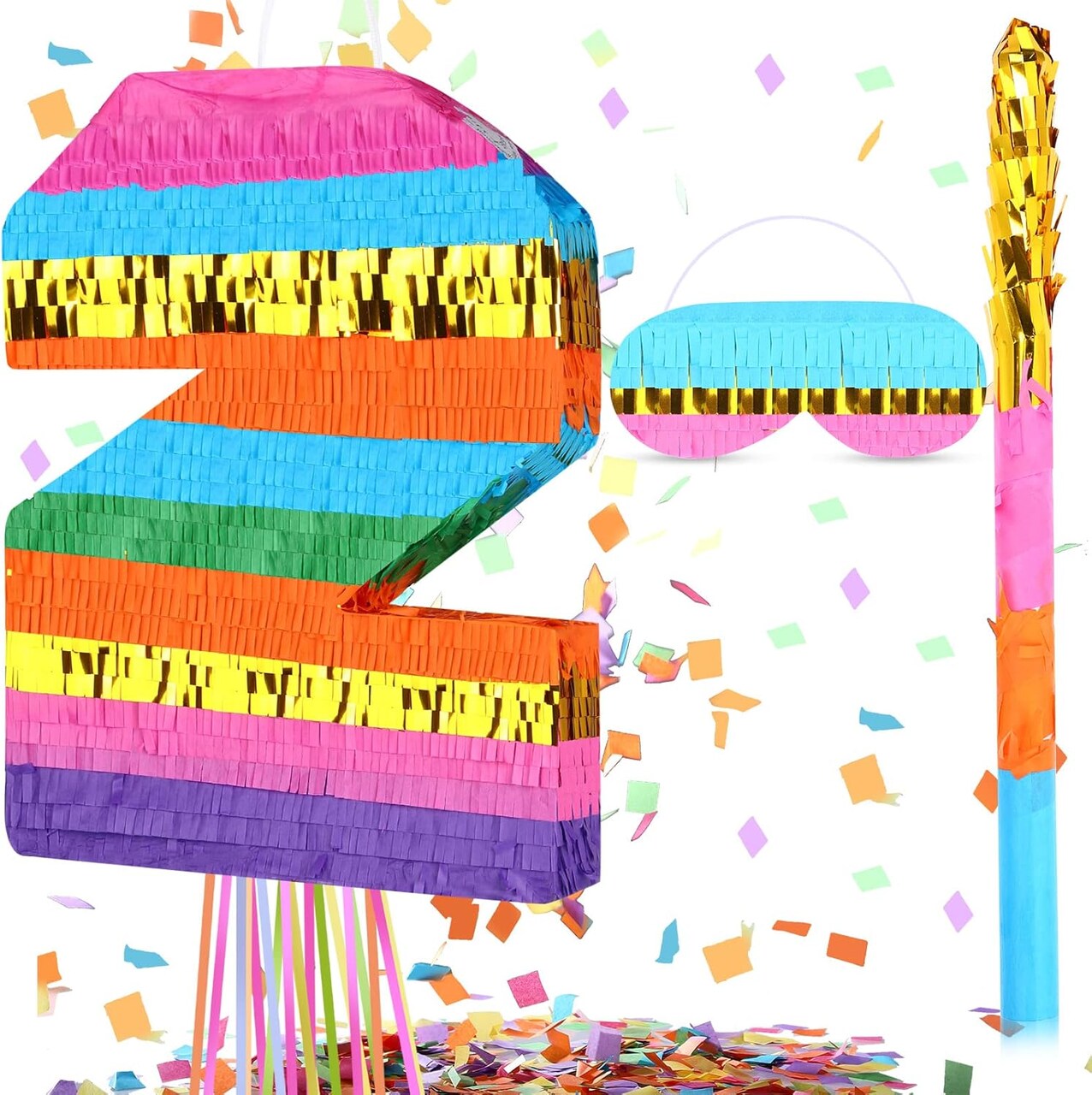 Rainbow Number Piñata for Girls Boys Birthday Foil Number Piñata with Blindfold Stick Confetti for Kids Birthday Anniversary Tie Dye Groovy Party Supplies Decorations Favors(Rainbow)